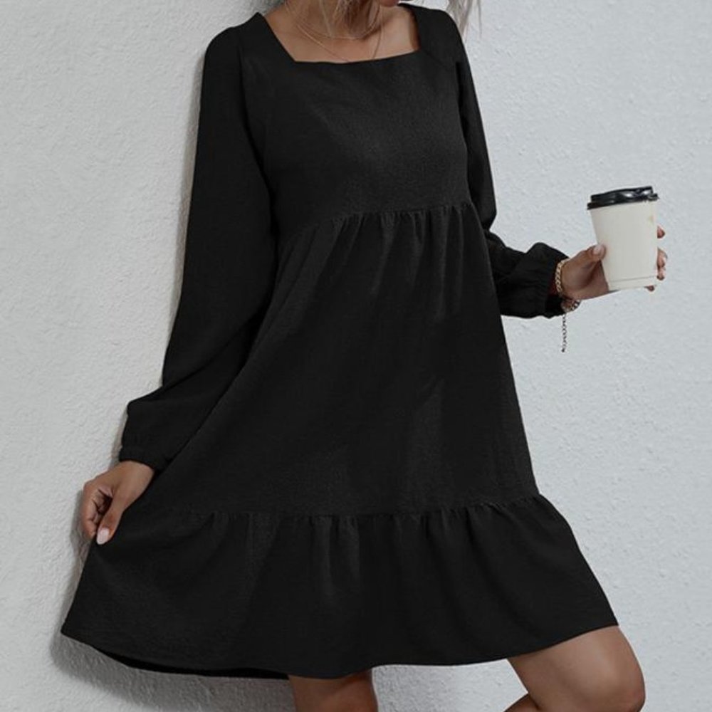 Solid Black Color Pullover Ruffled Dress with Tie Back